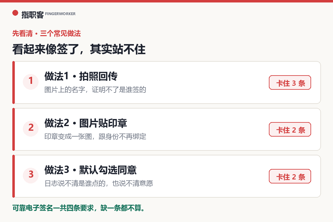 三种看起来像签了、其实站不住的做法：拍照回传、图片贴章、默认勾选同意，分别卡在哪一条