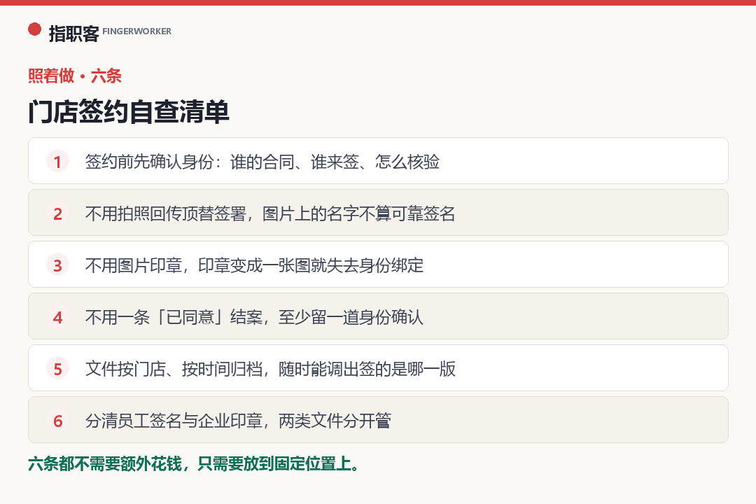 门店签约自查六条：确认身份、不用拍照回传顶替、不用图片印章、不用一条已同意结案、按门店归档、分清员工签名与企业印章