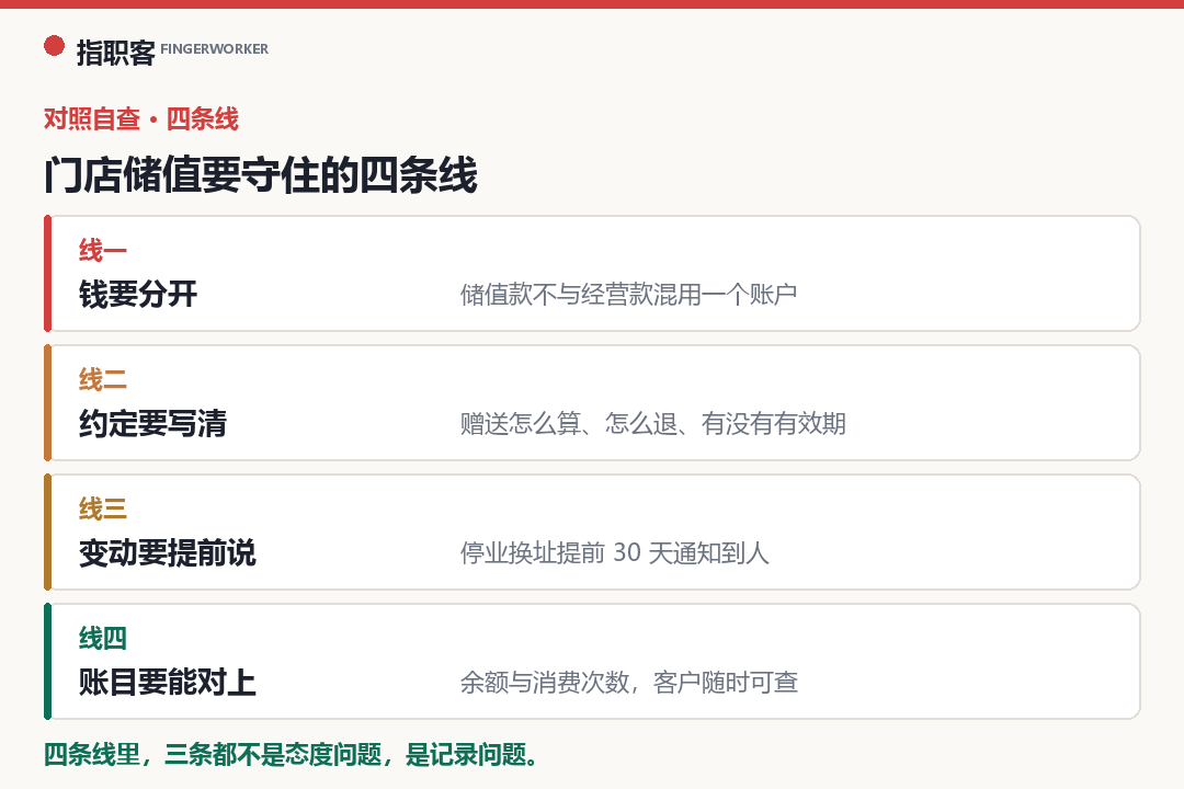 门店储值要守住的四条线：钱要分开、约定要写清、变动要提前说、账目要能对上