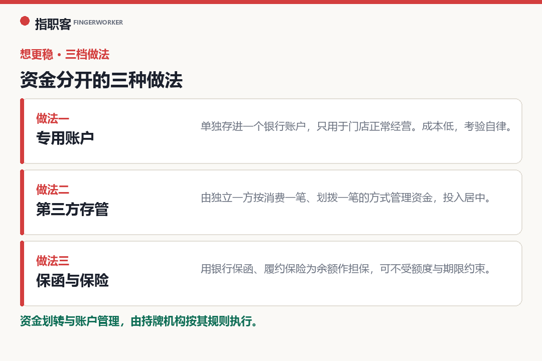 把储值资金单独放的三种做法：专用账户、第三方存管、银行保函与履约保险作担保，投入从低到高