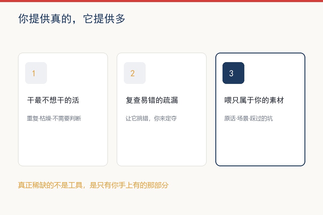 人和 AI 的三个位置分工：重复枯燥的活交给 AI、易错疏漏交给 AI 复查、只有你手上有的素材由你提供