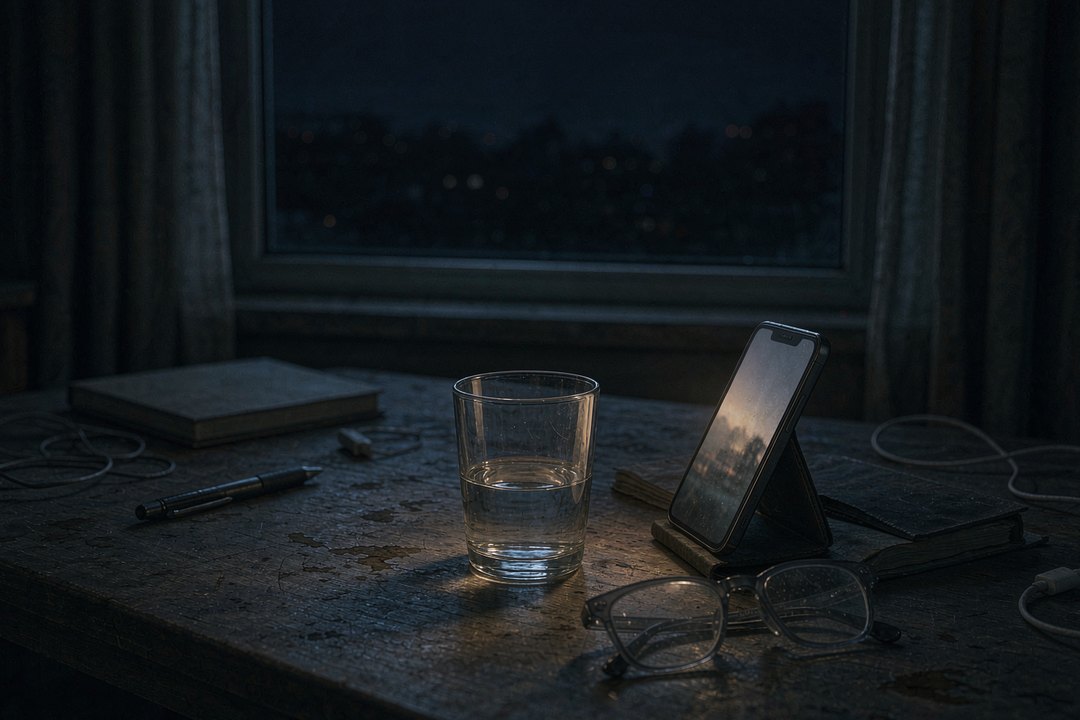 深夜书桌上的手机、水杯和眼镜，手机屏幕亮着，桌上摊着一本没合上的本子